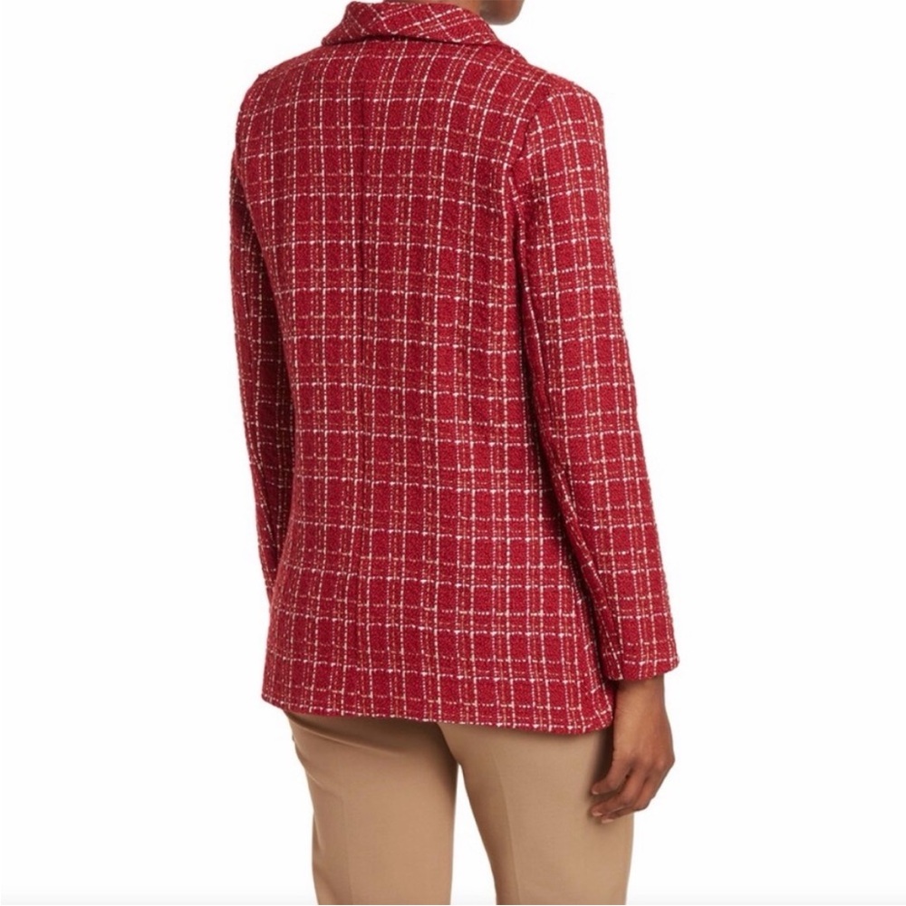 PLM Red Tweed Plaid Double-Breasted Gold Foil Blazer Size Med - Picture 2 of 6